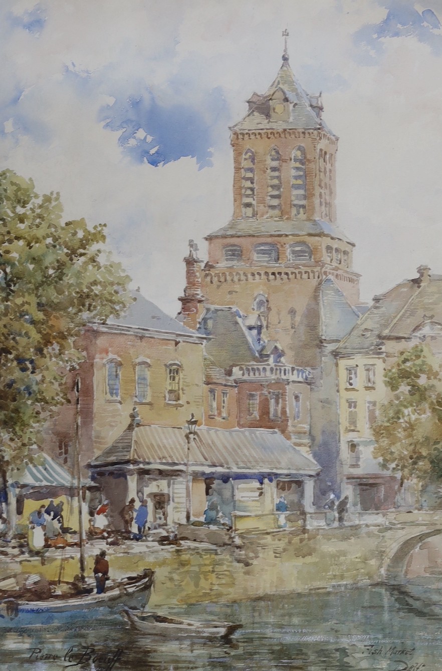 Pierre Le Boeuff (French, 1899-1920), watercolour, 'Fish market, Delft', signed, 54 x 36cm